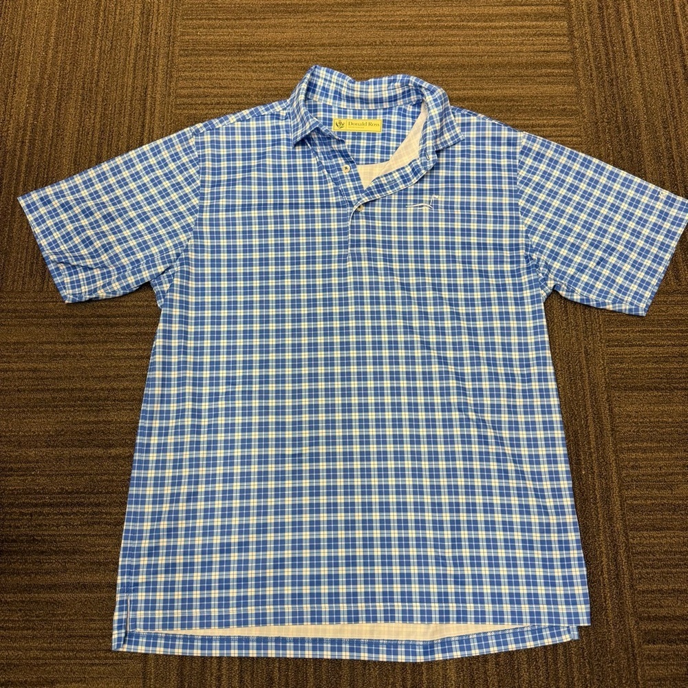 Donald Ross Blue and White Checkered Gingham Shirt Kiva Dunes Golf Polo